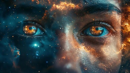 A surreal portrait of a person with eyes that mirror the universe, stars and nebulae swirling within, set against a deep space background