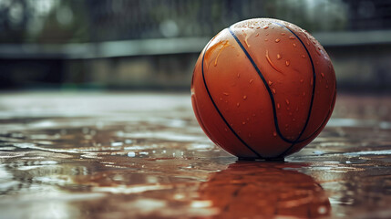 basketball liegt draußen im freien bei regen