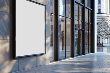 An empty billboard on a building exterior wall, with glass facade and a sidewalk, concept of advertisement space. Generative AI