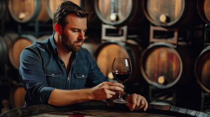 Winemaker carefully examining a glass of red wine in a cellar surrounded by oak barrels.