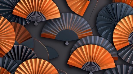 A fascinating array of orange and blue hand fans creating a textured pattern