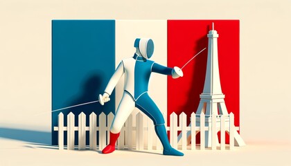 Fencing swordplay athlete and Eiffel tower, France, Olympic games 2024