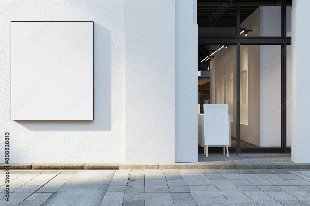 Poster an empty billboard on a building wall and a mockup poster by the facade, ready for advertisement dis
