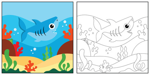 Vector cartoon cute shark. Coloring book or page.