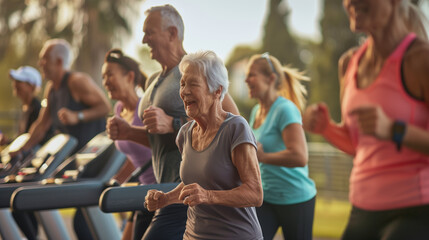 a senior woman running a treadmill in the gym,, elderly woman exercising on exercise bikes in the...