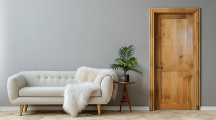 an oak interior door in the living room, next to it is a sofa with a white fur blanket and a small side table with a green plant on top, a grey wall background