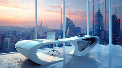 Futuristic desk design with white and blue accents, in an office setting overlooking the city skyline at sunset. The desk features curvilinear shapes