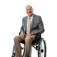 Old elegant man with suit and tie in wheelchair smiling and looking at camera isolated on transparent background, PNG file.
