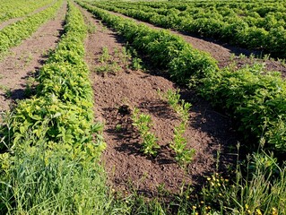 Rows of raspberry bushes on a berry plantation. Topics of agriculture and berry cultivation. Green young raspberry bushes.