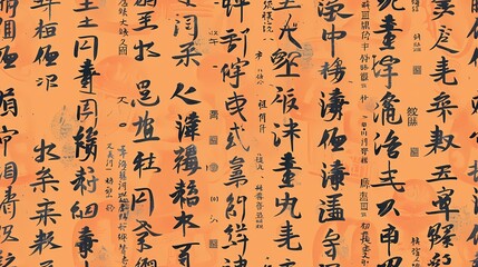A tapestry of ancient Chinese calligraphy on an orange backdrop