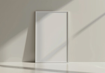 A blank framed poster on a light beige wall with shadows, suitable for a modern interior design concept. Generative AI