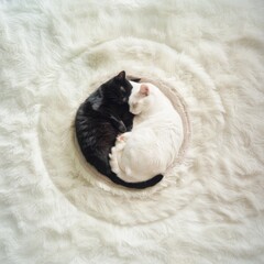 Black cat and white cat sleep in a circle in the shape of yin and yang