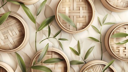 Bamboo steamers and green leaves arranged elegantly on a beige backdrop - obrazy, fototapety, plakaty