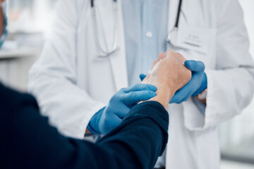 Doctor, hands and consulting at hospital for pulse on wrist, wellness centre or healthcare clinic checkup. Nurse, person and medical examination and medicine employee in heart rate help for patient