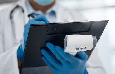 Doctor, person and thermometer with clipboard in hospital for medical data, information and record...