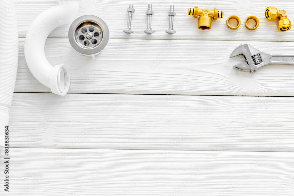 Poster Plumber work with instruments, tools and gear on white background top view mock up