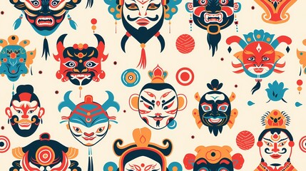 Colorful array of traditional Asian masks and symbols