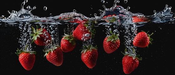 Fresh strawberry fruit falling into water with splash and air foam on dark background created with Generative AI Technology