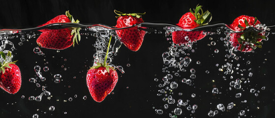 Fresh strawberry fruit falling into water with splash and air foam on dark background