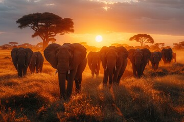 Fototapeta premium Majestic elephants march in line through the grassy plains with a breathtaking sunset in the background in Africa