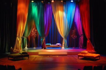 A theatrical stage set for a modern Shakespeare play, featuring audacious colors and exaggerated props