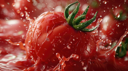 splash of juicy ripe tomato vegetable close-up on a light solid background created with Generative AI Technology