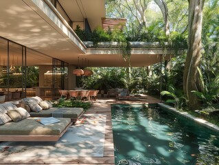 A large, lush green backyard with a pool and a patio area. The pool is surrounded by a wooden deck and has a view of the trees. The patio area has several lounge chairs and a dining table