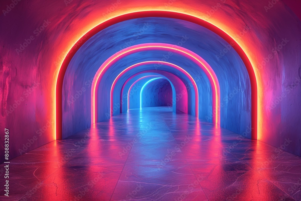 Poster this image showcases a luminous tunnel with vivid neon lights forming arches, creating a mesmerizing