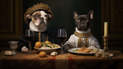 Bulldog, Dog, Animal, Launch, Dinner, Noble, Aristocratic, Table, Food, portrait. NOBLE FELINES LIKE GOOD FOOD. Lord pets posing in there launch room behind a laid table with good red wine and candle.