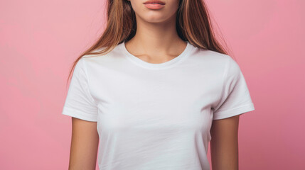 chin to body t-shirt product mockup of a vintage girl model wearing a white t-shirt on a wide pastel pink background created with Generative AI Technology