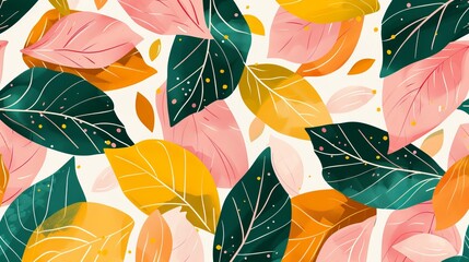 Pretty floral pattern with pink, green, and yellow leaves that overlap. Abstract leaf design, vector illustration background for textiles or prints.