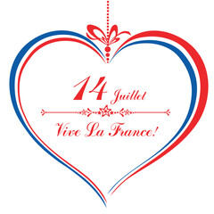 14th July Bastille Day of France. Happy independence day card. Celebration background with heart and place for your text. Vector illustration