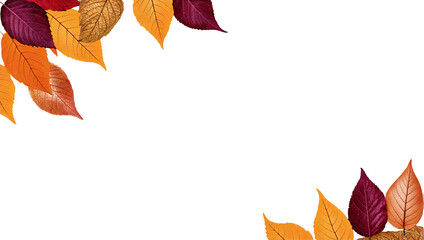 Fototapeta premium Beautiful autumn leaves of various colors form a decorative corner frame against a white backdrop, ideal for seasonal themes