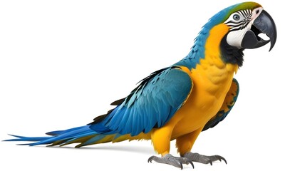 A colorful blue and yellow macaw parrot perched on a surface, with its wings partially spread and its beak open