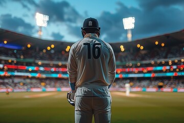 A cricketer stands ready, bat in hand, in a large stadium filled with spectators under evening lights