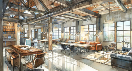 A detailed drawing of a large room filled with numerous windows, bringing in ample natural light and offering views of the outdoors