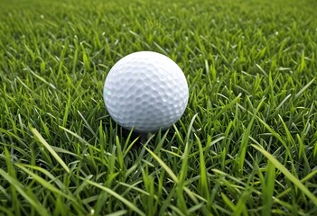 A white golf ball resting on a lush green grass field