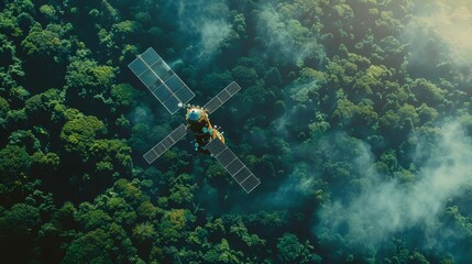 Conservationists use satellite imaging to track deforestation, a hightech eye in the sky for forest protection HUD icon of a satellite in colorful color, Closeup cinematic Sharpen
