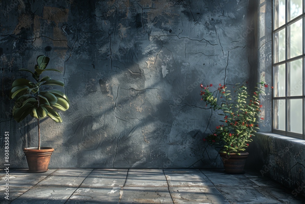 Poster a serene scene with sunlight filtering through a window, casting shadows on a weathered wall with tw