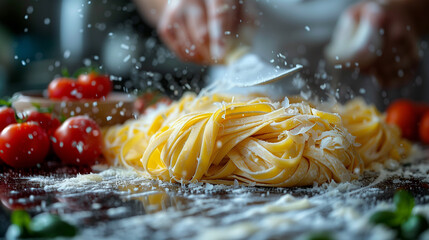 a person is spreading cheese on a pile of noodles on a table