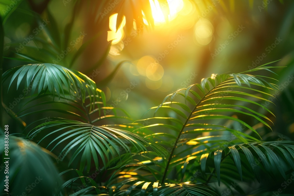 Poster soft rays of light filter through dense tropical foliage creating a tranquil green space