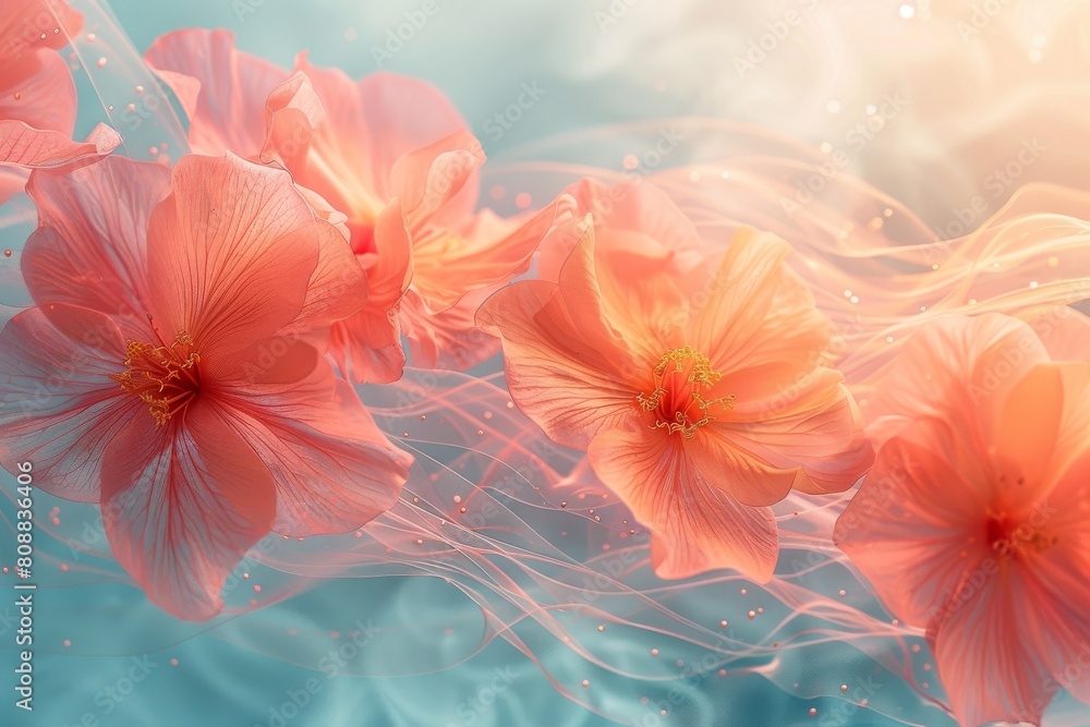 Wall mural Digital illustration of delicate hibiscus flowers in full bloom with a soft, dreamy ambiance, invoking a sense of tranquility and natural beauty