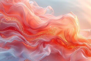Elegantly swirling red and white digital art simulating soft, flowing fabric with sparkling highlights, invoking a sense of motion and luxury