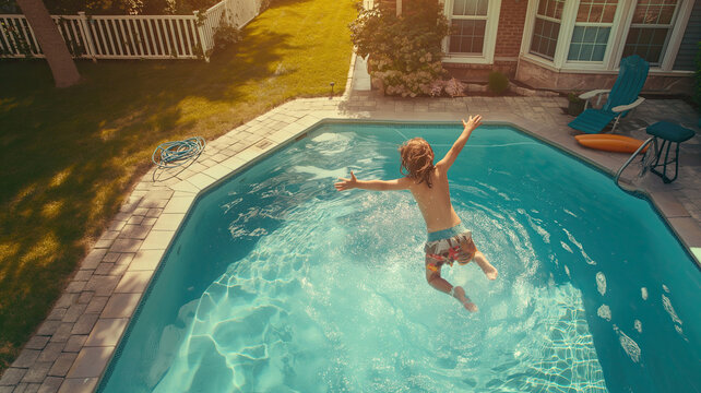 Homemade inflatable pool in the garden. Children jump into the water. Summer vacation at home.