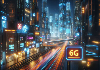 Blick in eine modern, beleuchtete Straße bei Nacht. Im Vordergrund ein Schild mit dem Text " 6G" , Technologie Konzept
