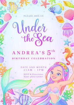 Vector template of mermaid theme birthday party invitation.