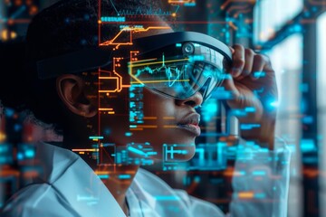 A scientist exploring virtual data layers through augmented reality glasses, with digital information overlaying the real world