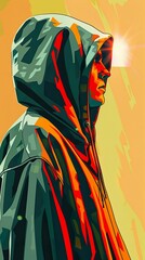 Fototapeta premium Shadowy figure, hood, dark web researcher, delving into hidden depths, ominous atmosphere, realistic, silhouette lighting, lens flare, Dutch angle view