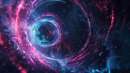 Obraz premium Physicists solve mysteries of dark matter through collaboration, an intriguing dance of minds across continents HUD icon of dark matter in synth wave color, sharpen Cinematic Look