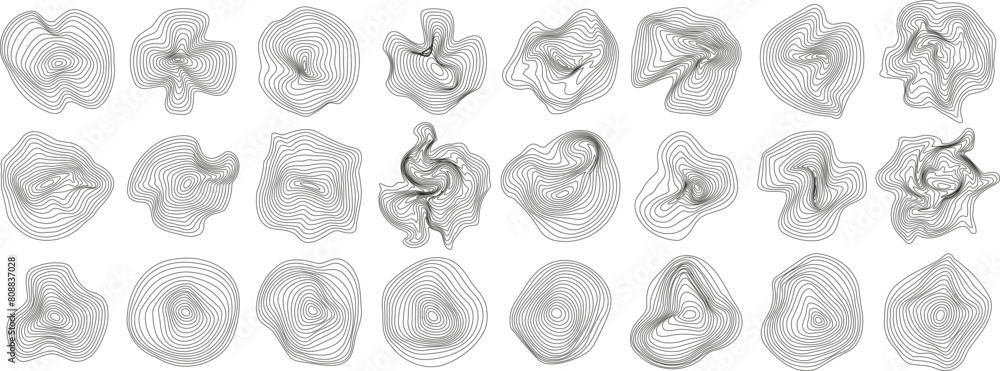 Poster set of abstract tree rings. vector topographic map concept. spheres of wavy dynamic lines. thin blac